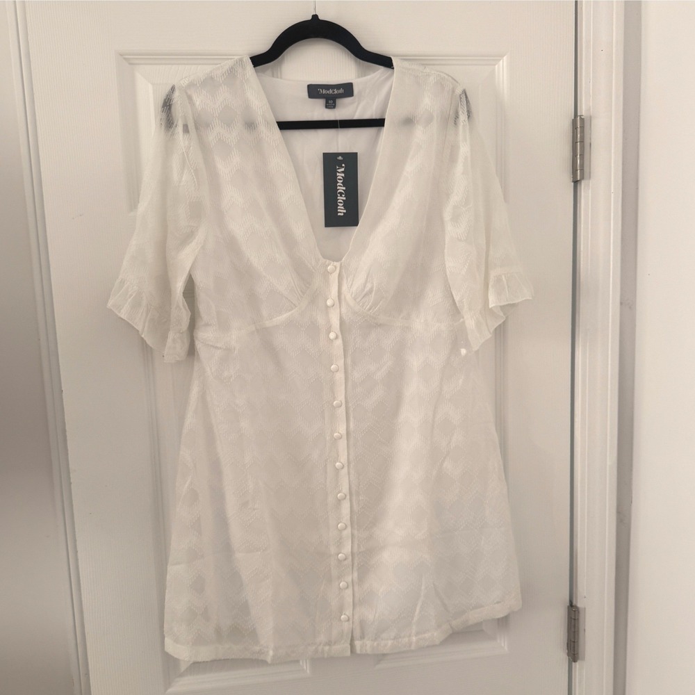 ModCloth White Textured Short Sleeve Mini Dress 10 Bride Boho Cottage Core NEW